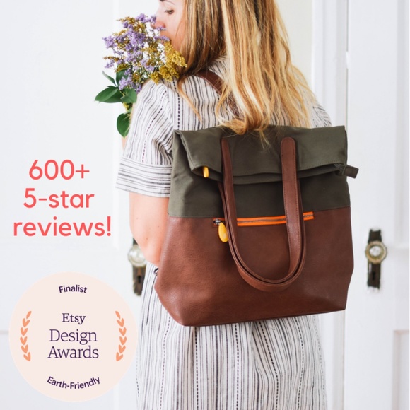 Vegan Leather Backpack Purse - Navy & Black